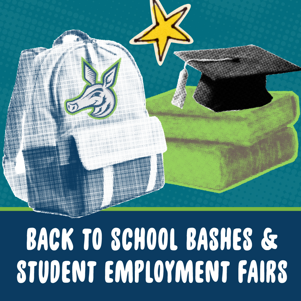 Back to School Bashes & Student Employment Fairs banner with backpack, books and graduation cap