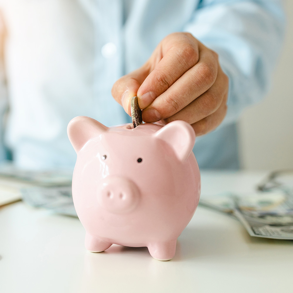 hand putting coin into piggy bank