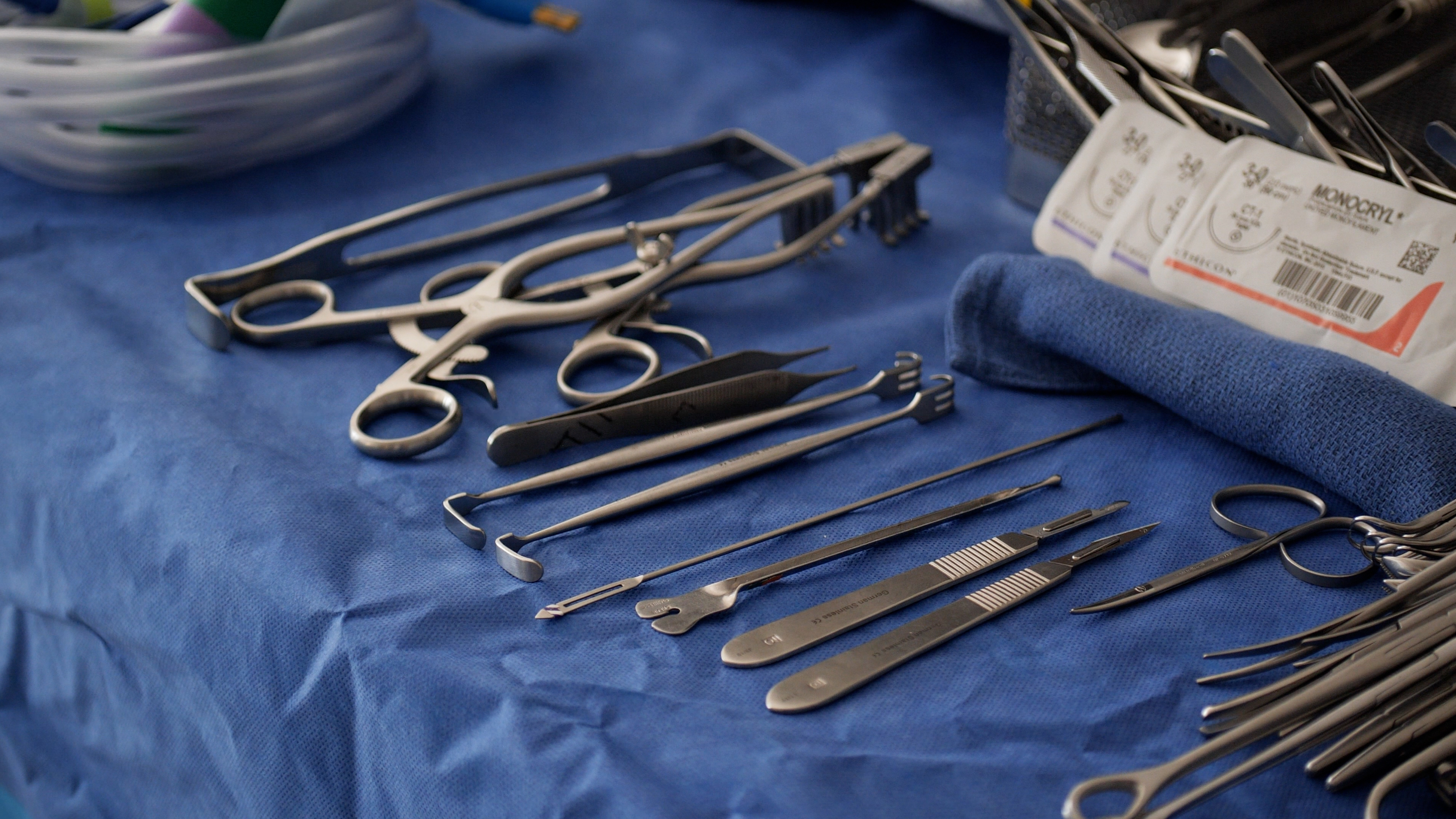 Surgical instruments laid out on table